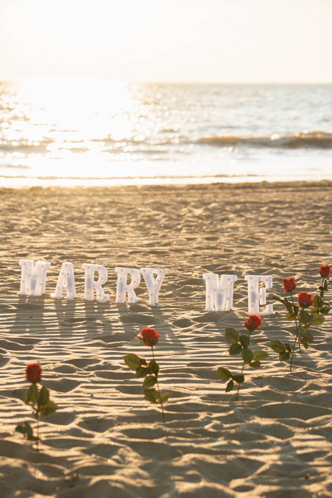 Demande en mariage à La Rochelle : mise en scène romantique, lettres “Marry Me”, roses, champagne. À ajouter à votre pique-nique TCB.