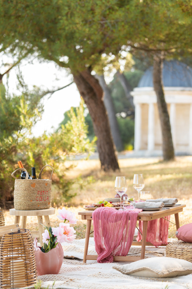 Apéritif chic au Parc d’Orbigny à La Rochelle avec The Cosmic Bride : Pique-nique Vespara avec plateau de charcuterie, vin et ambiance détendue pour un moment convivial et gourmand à deux, à l'ombre des pins.